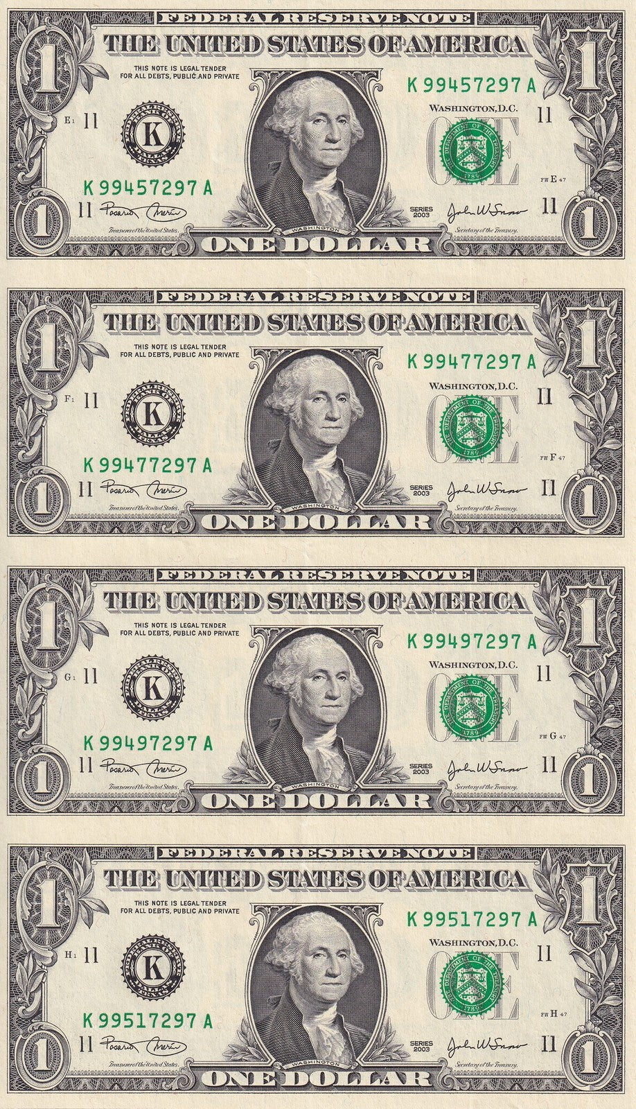 United States USA 1 Dollar 2003 P 515a ''K'' Dallars TX AU UNCUT 4 IN 1
