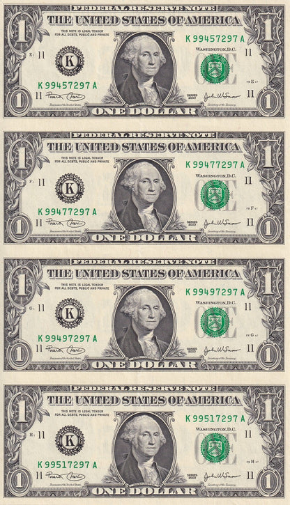 United States USA 1 Dollar 2003 P 515a ''K'' Dallars TX AU UNCUT 4 IN 1