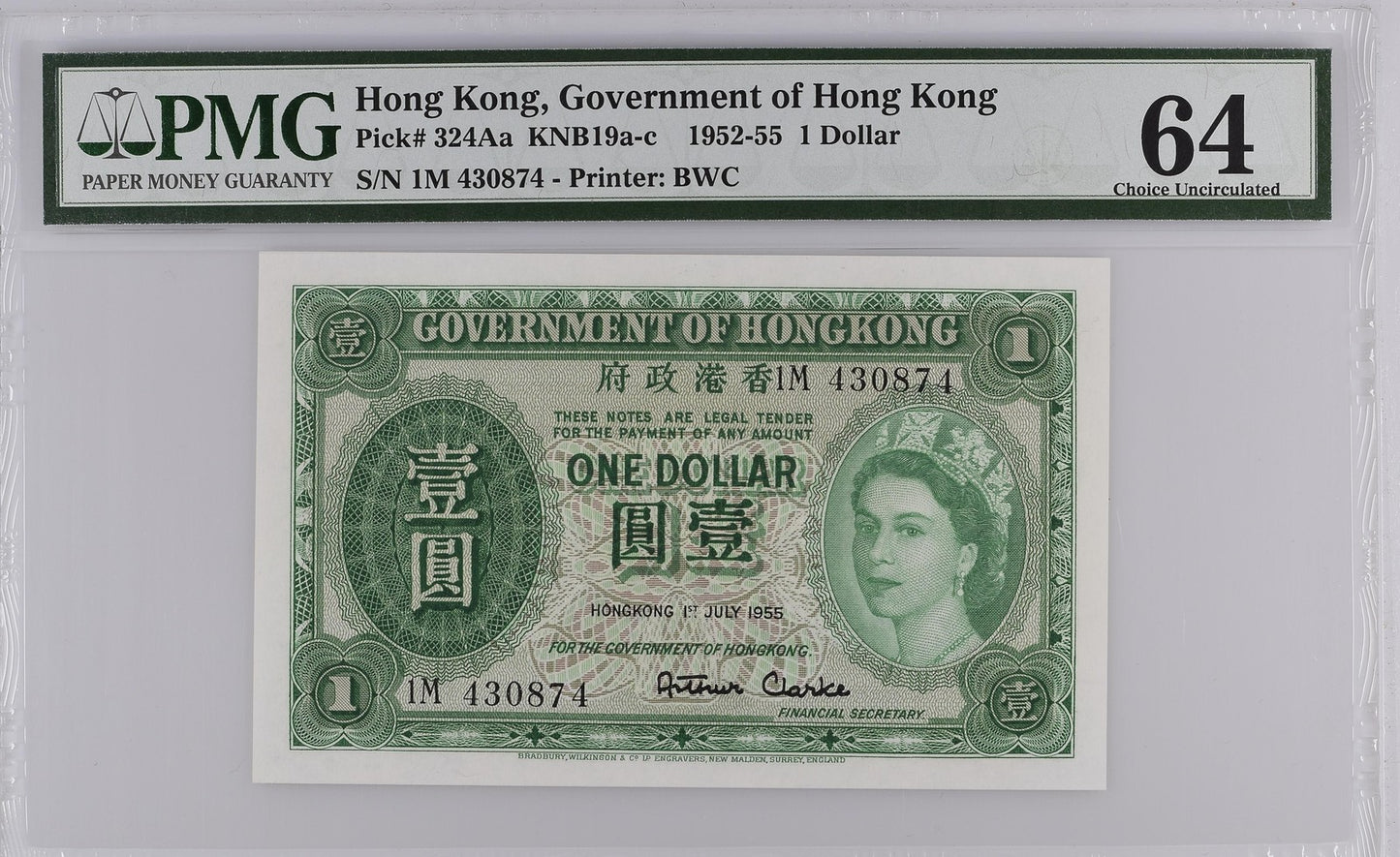 Hong Kong Government of Hong Kong 1 Dollar 1952-55 P 324Aa UNC PMG 64