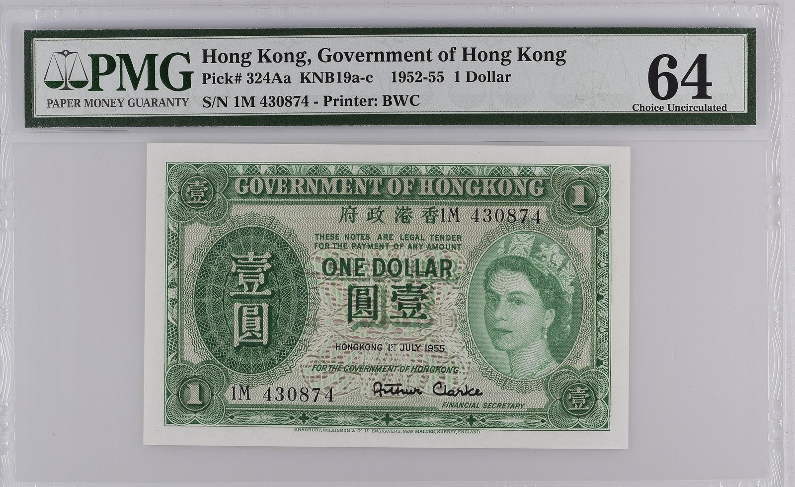 Hong Kong Government of Hong Kong 1 Dollar 1952-55 P 324Aa UNC PMG 64