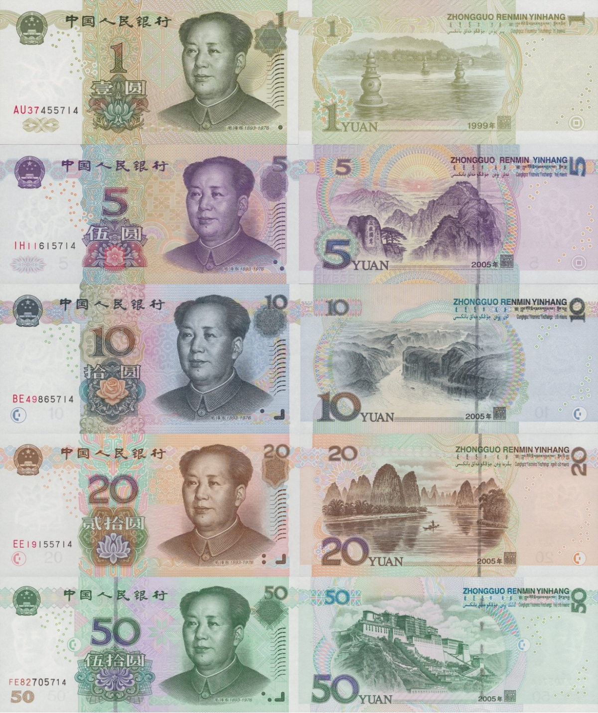 China 1 5 10 20 50 1999 2005 P 895 897-900 UNC Set 5 pcs Match Last 4 Digit 
