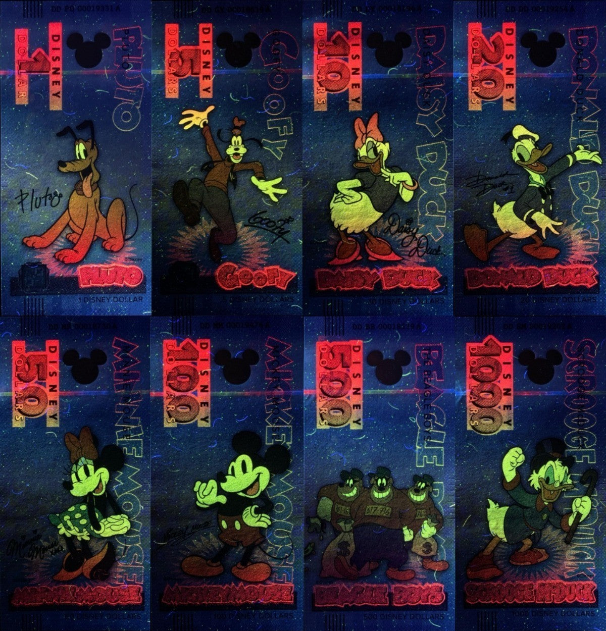 Disney Official Test Note  1 5 10 20 -  1000 2025 Mickey & Frinds UNC Set 8 pcs