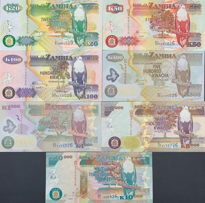 Zambia 20 50 100-10000 Kwacha 1992-11 P 36 37 38 43-46 Paper Polymer UNC Set 7 p