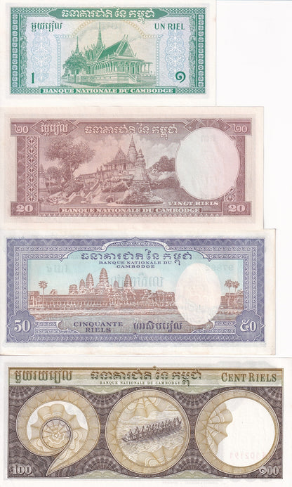 CAMBODIA 1 20 50 100 Riels ND 1956-1975 P 4 5 7 8 UNC FOXING Set 4 pcs
