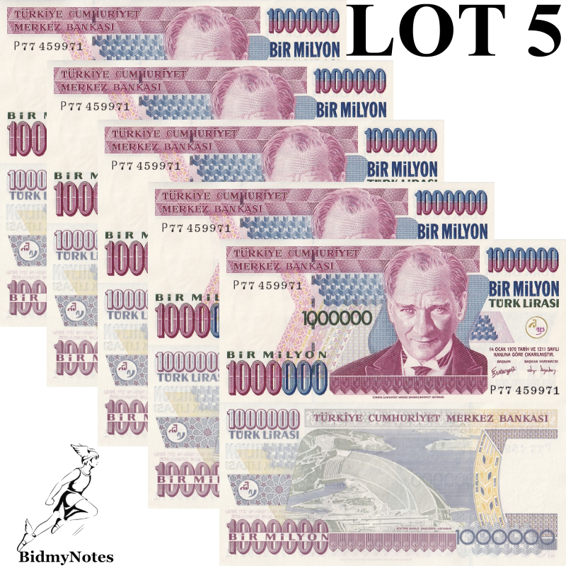 Turkey 1000000  1 Million  Lira 1970 (2002) P 213 UNC 1/20 Bundle LOT 5 pcs