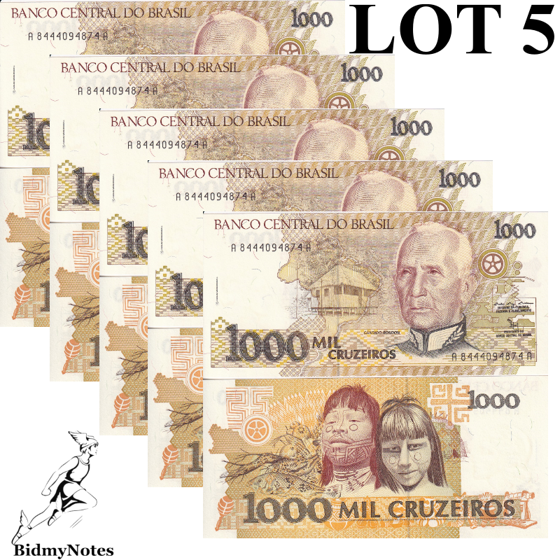 Brazil 1000 Cruzeiros 1990&1991 P 231b Native Children UNC 1/20 Bundle Lot 5 pcs