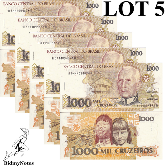 Brazil 1000 Cruzeiros 1990&1991 P 231b Native Children UNC 1/20 Bundle Lot 5 pcs