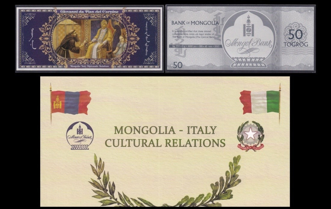 Mongolia Italy 50 Togrog Giovanni. Da Pian Del Carpine Silver Note UNC COMM. W/F