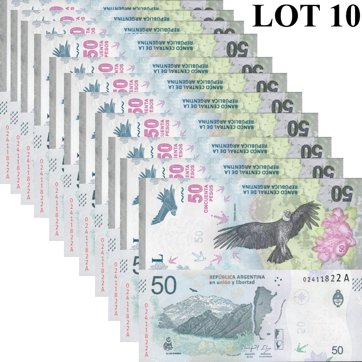 Argentina 50 Pesos ND 2018 P 363 UNC 1/10 Bundle Lot 10 pcs
