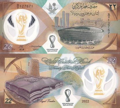 Qatar 22 Riyals 2022 P 39 Polymer World Cup UNC Commemorative With Folder