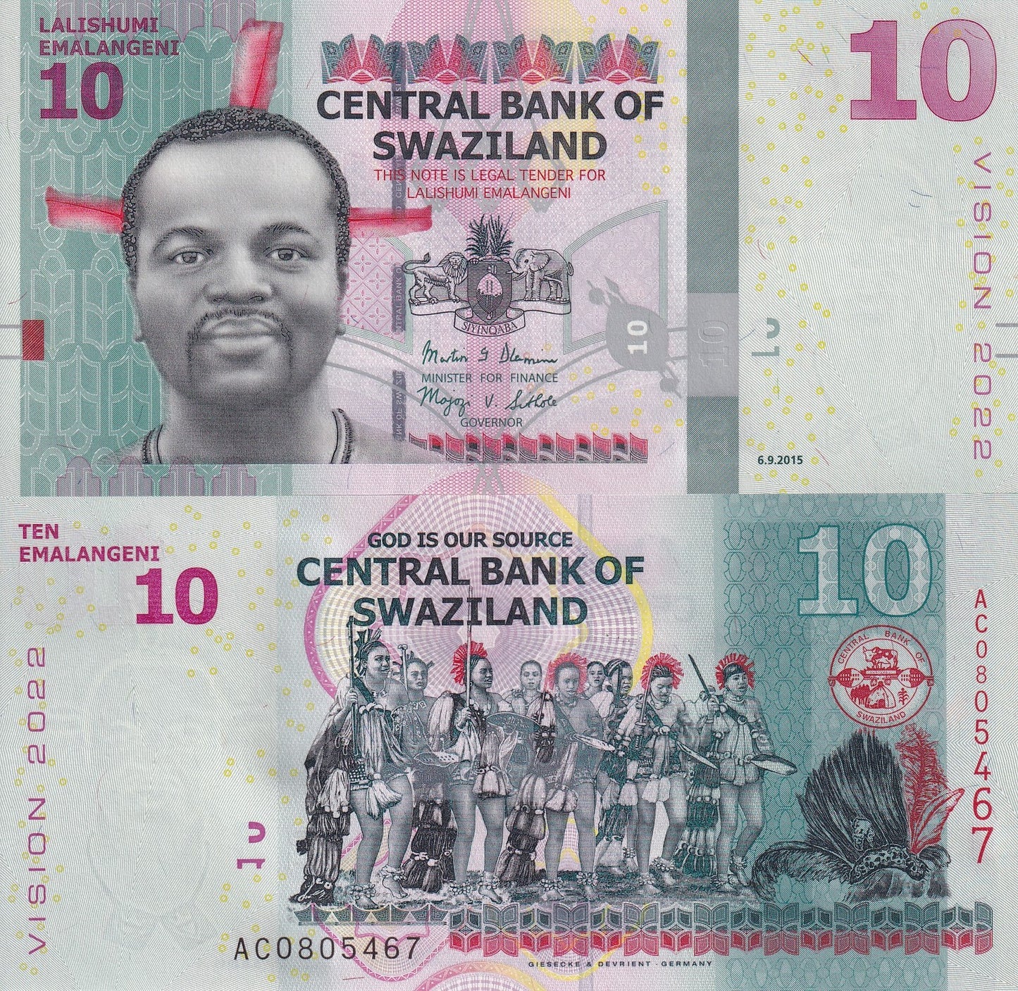 Swaziland Eswatini 10 Emalangeni 2015 P 41 Vision 2022 UNC 1/20 Bundle Lot 10 p