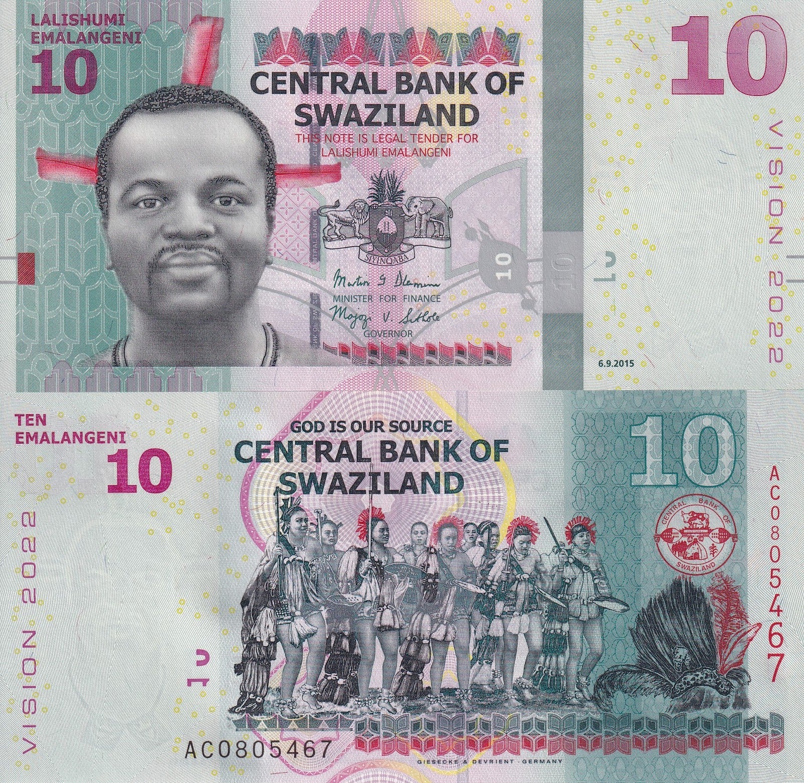 Swaziland Eswatini 10 Emalangeni 2015 P 41 Vision 2022 UNC 1/20 Bundle Lot 10 p