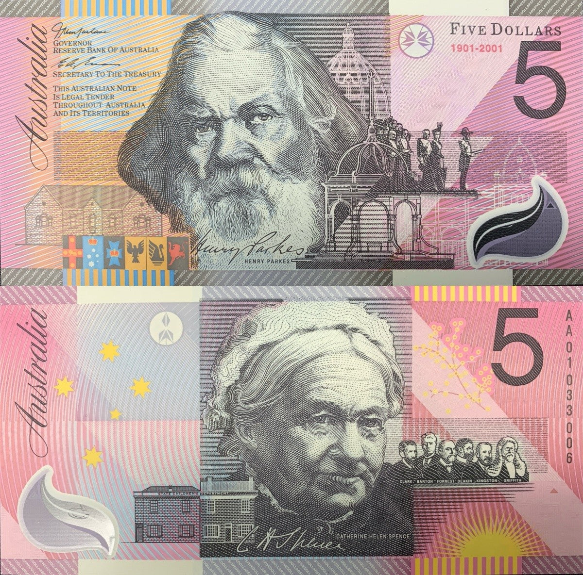 Australia 5 Dollars 1901-2001 P 56b Polymer UNC COMM. AA Prefix With Folder