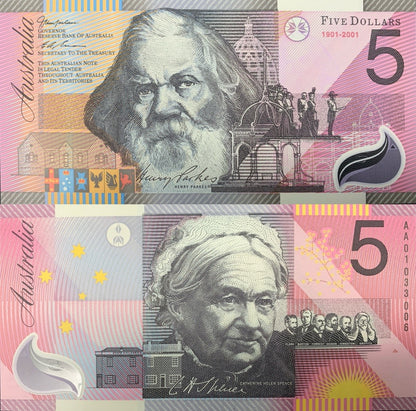 Australia 5 Dollars 1901-2001 P 56b Polymer UNC COMM. AA Prefix With Folder