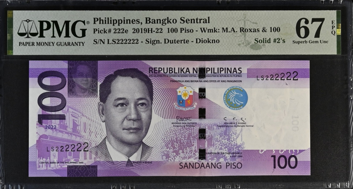 Philippines 100 Piso 2019 P 222e UNC PMG 67 EPQ SOLID 2 - 222222 3rd TOP POP