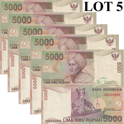 Indonesia 5000 Rupiah 2001/2003 P 142 UNC 1/20 Bundle Lot 5 pcs