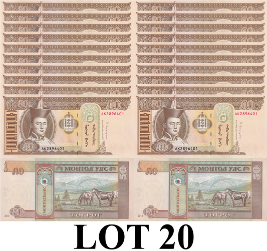 Mongolia 50 Togrog 2013 P 64c UNC 1/5 Bundle Lot 20 pcs