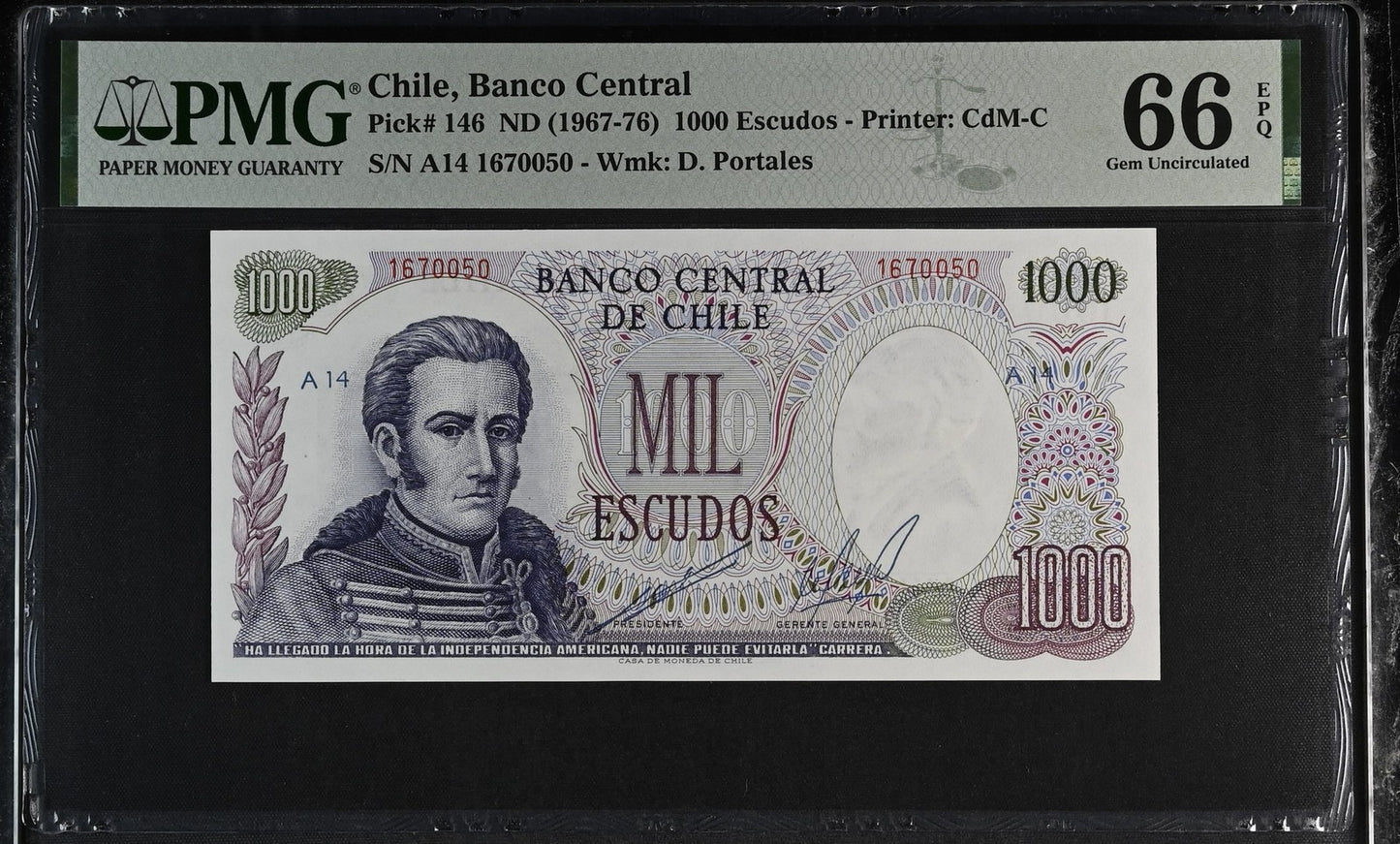 Chile Banco Central 1000 Escudos 1967-76 P 146 UNC PMG 66 EPQ 2nd TOP POP