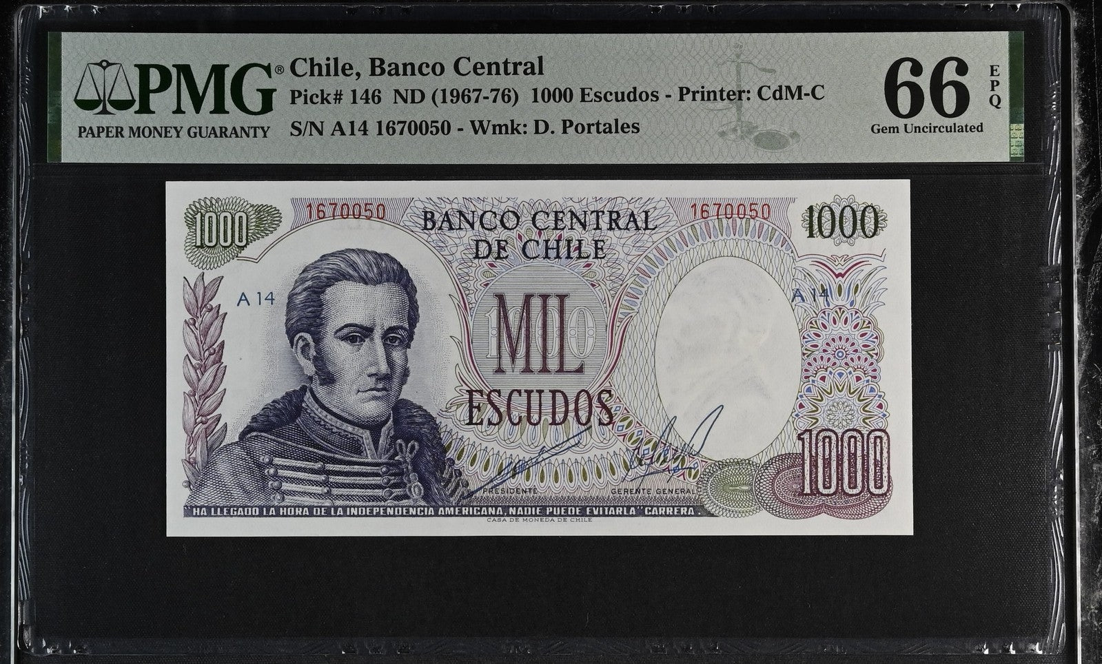 Chile Banco Central 1000 Escudos 1967-76 P 146 UNC PMG 66 EPQ 2nd TOP POP