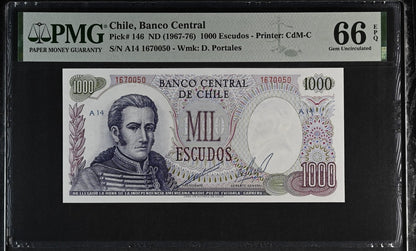 Chile Banco Central 1000 Escudos 1967-76 P 146 UNC PMG 66 EPQ 2nd TOP POP