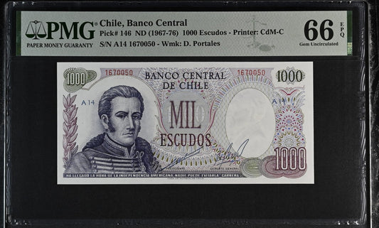 Chile Banco Central 1000 Escudos 1967-76 P 146 UNC PMG 66 EPQ 2nd TOP POP