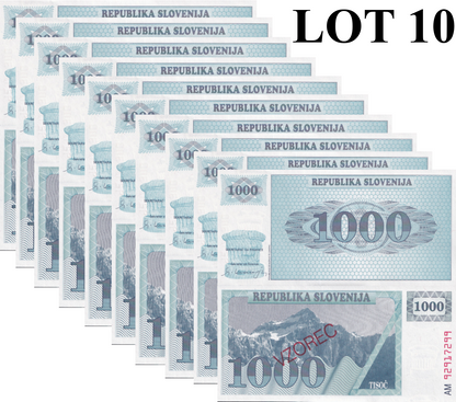 Slovenia 1000 Tolarjev 1992 P 9b UNC SPECIMEN 1/10 Bundle Lot 10 pcs