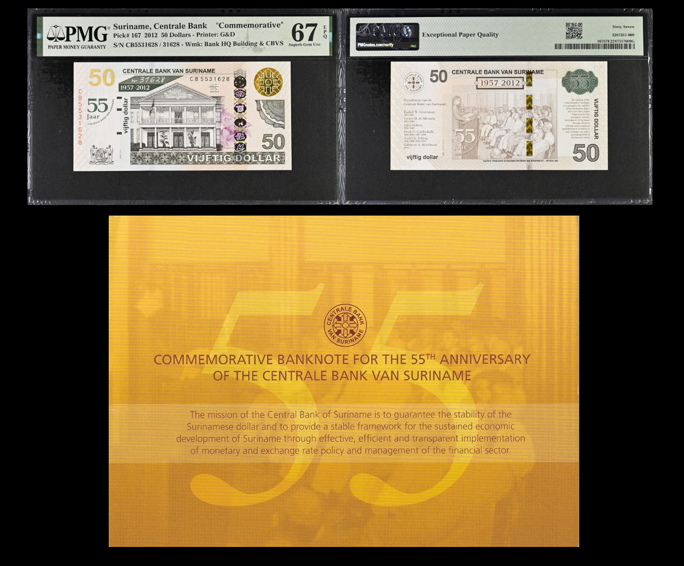 Suriname Commemorative 50 Dollars 2012 P 167 UNC PMG 67 EPQ With Folder