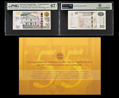 Suriname Commemorative 50 Dollars 2012 P 167 UNC PMG 67 EPQ With Folder