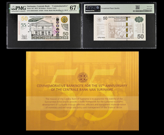 Suriname Commemorative 50 Dollars 2012 P 167 UNC PMG 67 EPQ With Folder