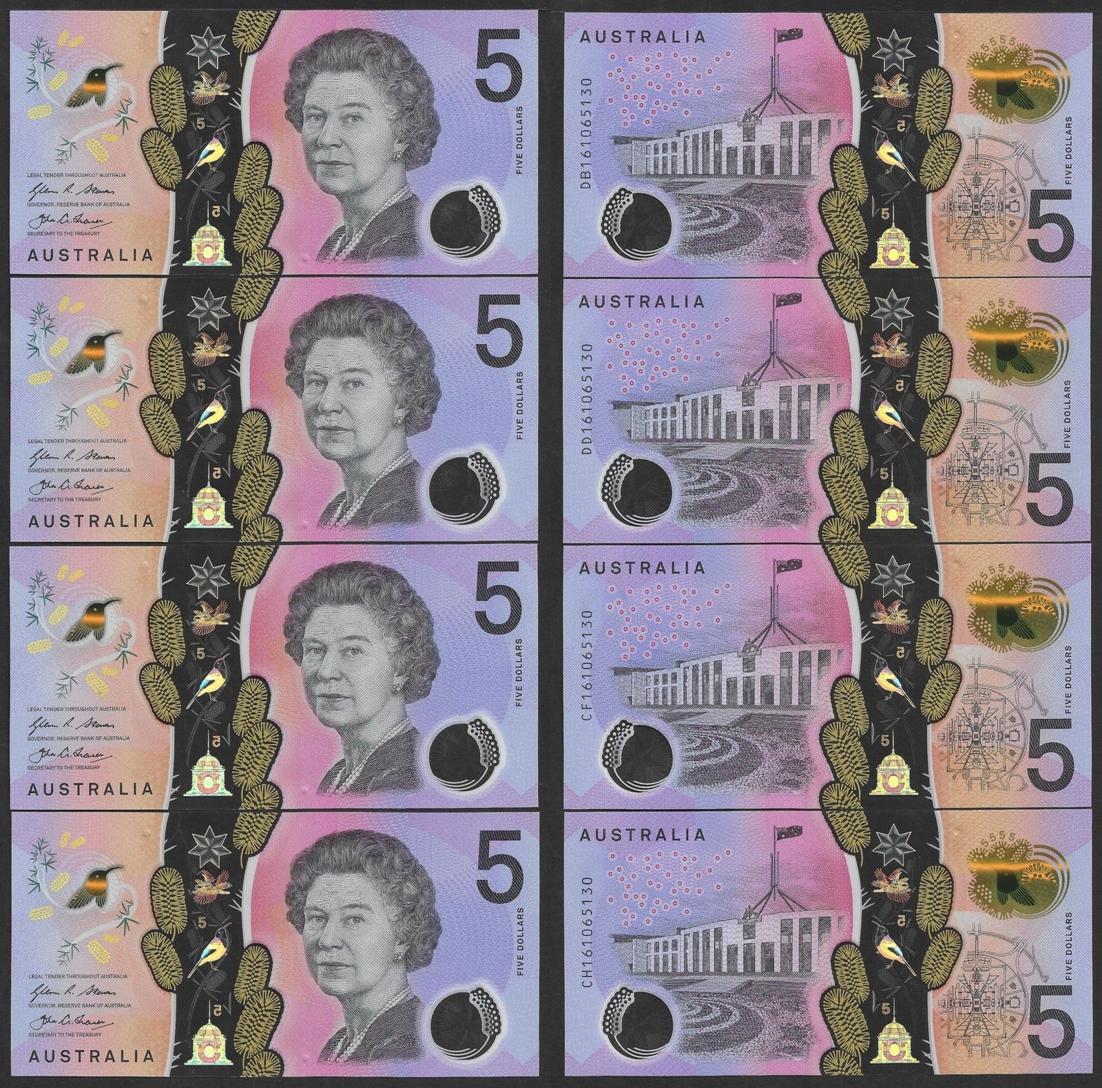 Australia 5 Dollars 2016 P 62 Polymer UNC Set 4 pcs Matching No. 161065130