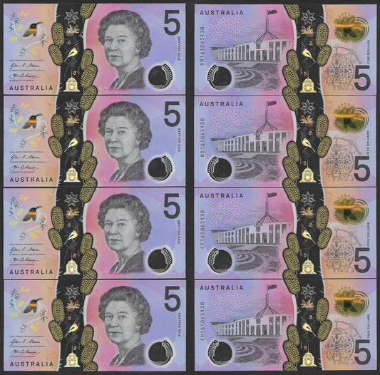Australia 5 Dollars 2016 P 62 Polymer UNC Set 4 pcs Matching No. 161065130