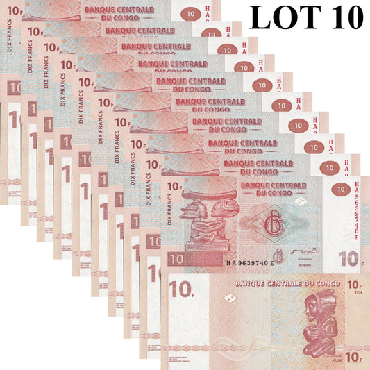 Congo Democratic Republic 10 Francs 2003 P 93 UNC 1/10 Bundle Lot 10 pcs