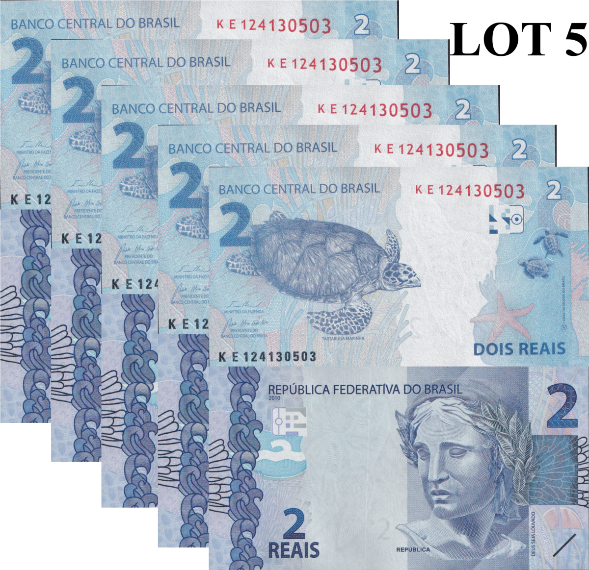 Brazil 2 Reais 2010/2024 P 252 UNC 1/20 Bundle Lot 5 pcs