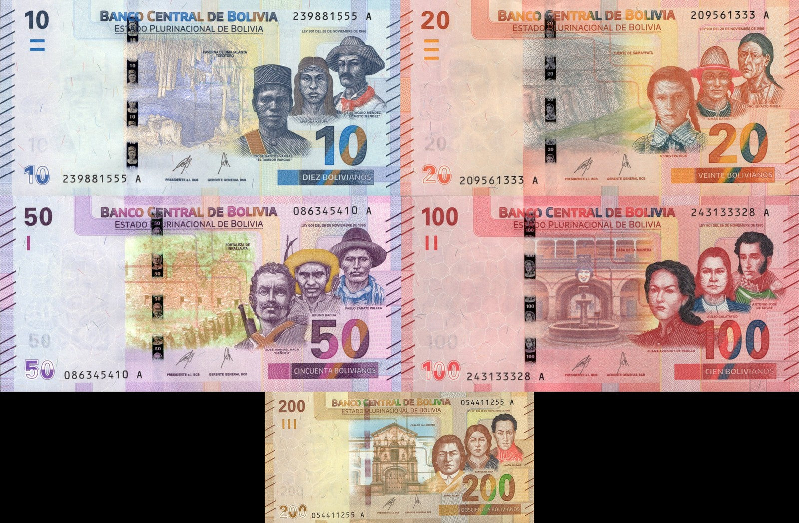 Bolivia 10 20 50 100 200 Bolivianos 1986 P 248 249 250 251 252 UNC Set 5 pcs