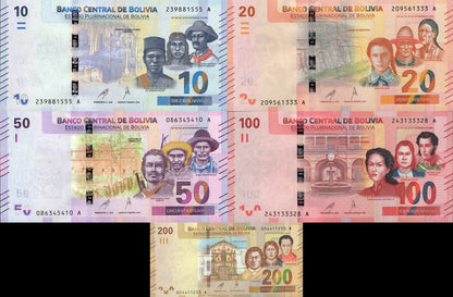 Bolivia 10 20 50 100 200 Bolivianos 1986 P 248 249 250 251 252 UNC Set 5 pcs