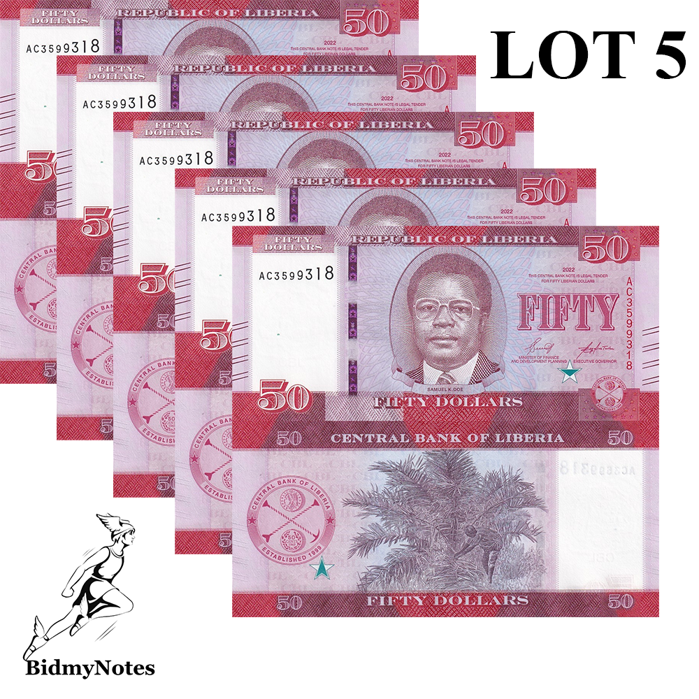 Liberia 50 Dollars 2022 P 40 UNC LOT 5 Pcs