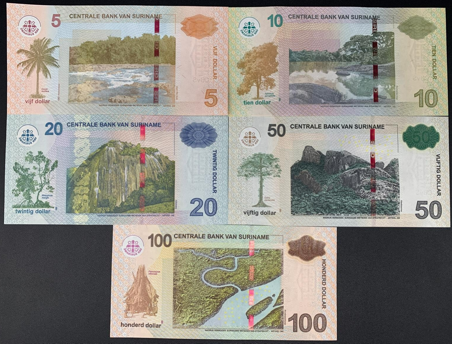 Suriname 5 10 20 50 100 Dollars 2012 2019 2020 P 162b 163 164-166 UNC Set 5 pcs