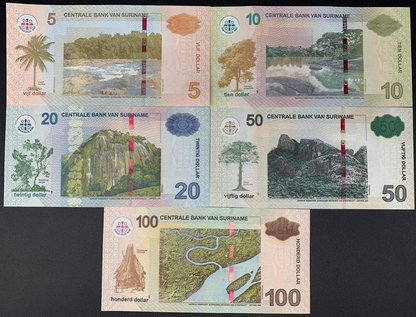 Suriname 5 10 20 50 100 Dollars 2012 2019 2020 P 162b 163 164-166 UNC Set 5 pcs