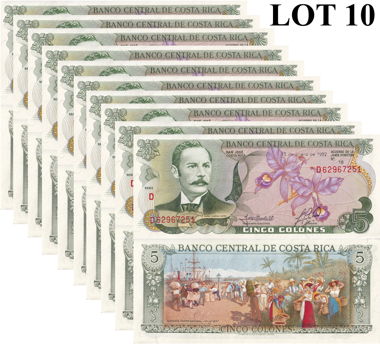 Costa Rica 5 Colones 1992 P 236e UNC 1/10 Bundle Lot 10 pcs