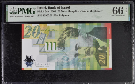 Israel 20 New Sheqalim 2008 P 64a Polymer UNC PMG 66 EPQ 3rd TOP POP