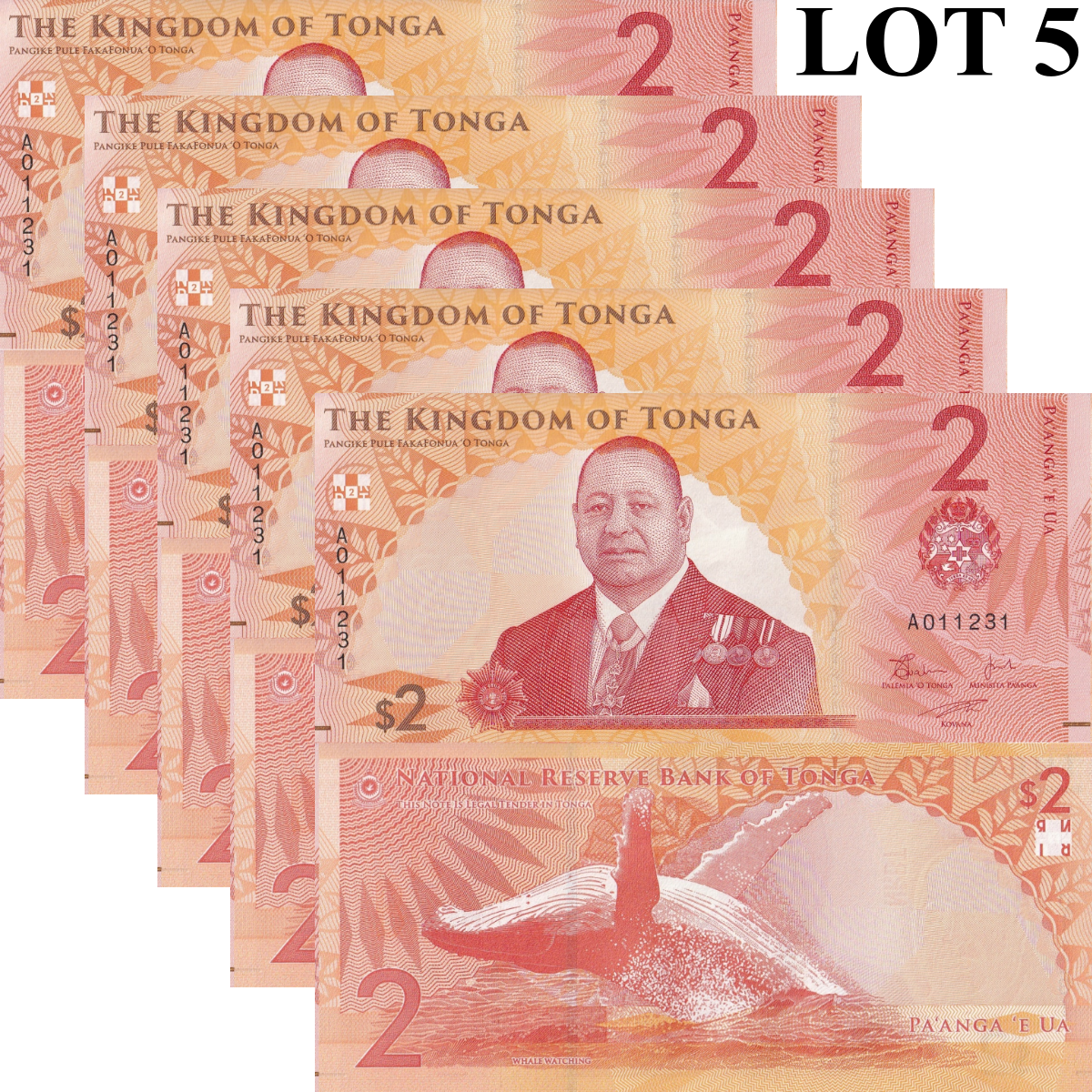 Tonga 2 Pa'anga 2023/2024 P 50 UNC 1/20 Bundle Lot 5 pcs