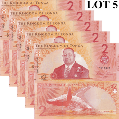 Tonga 2 Pa'anga 2023/2024 P 50 UNC 1/20 Bundle Lot 5 pcs