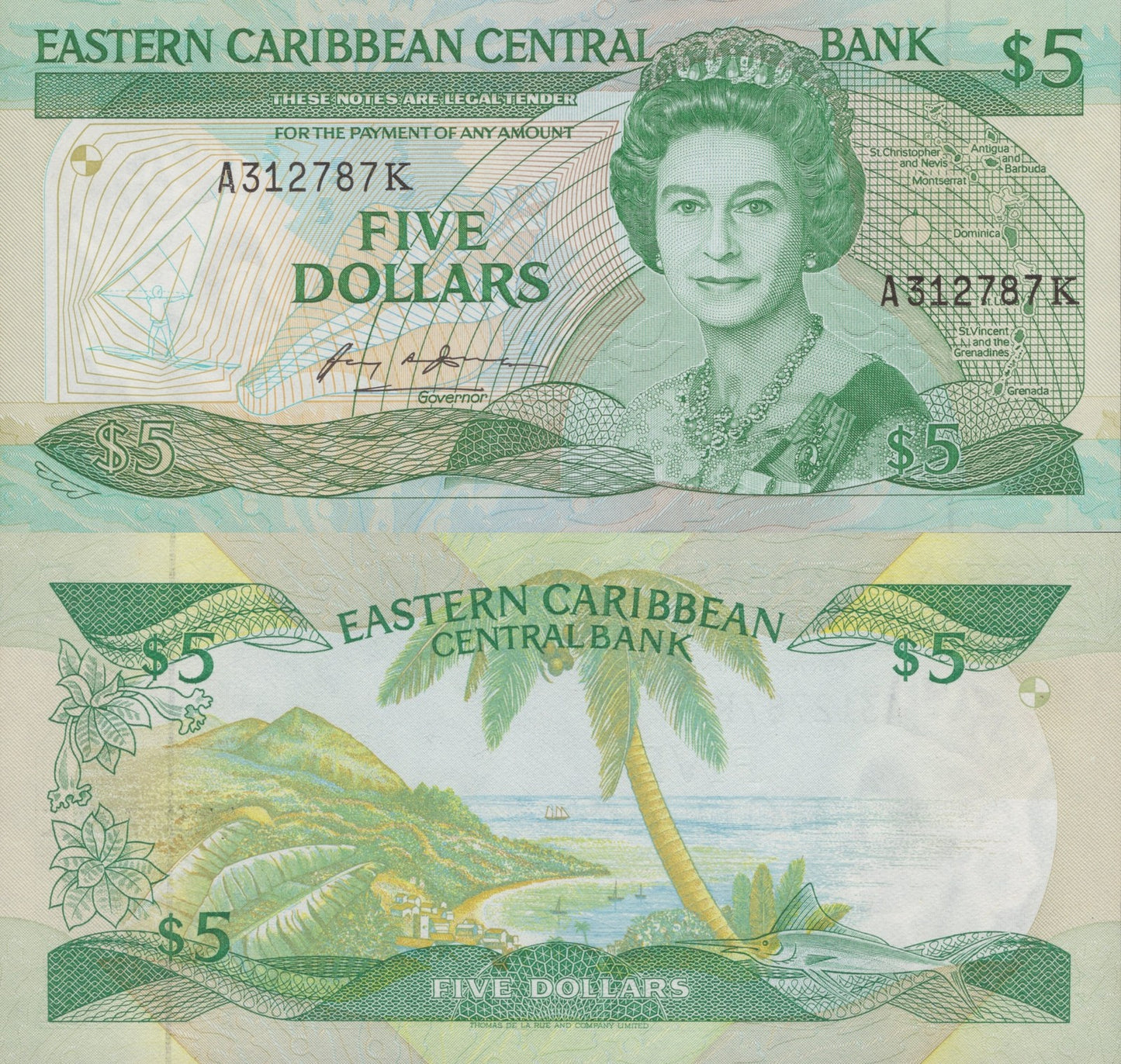 East Caribbean States 5 Dollars ND 1986-1988 P 18k Queen Elizabeth UNC