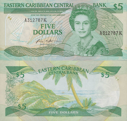 East Caribbean States 5 Dollars ND 1986-1988 P 18k Queen Elizabeth UNC
