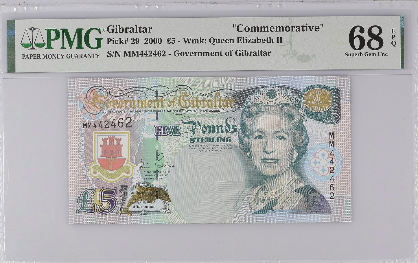 Gibraltar Commemorative 5 Pounds 2000 P 29 UNC PMG 68 EPQ MM Prefix TOP POP