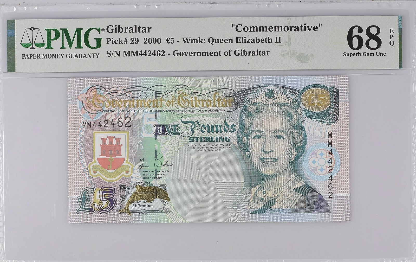 Gibraltar Commemorative 5 Pounds 2000 P 29 UNC PMG 68 EPQ MM Prefix TOP POP