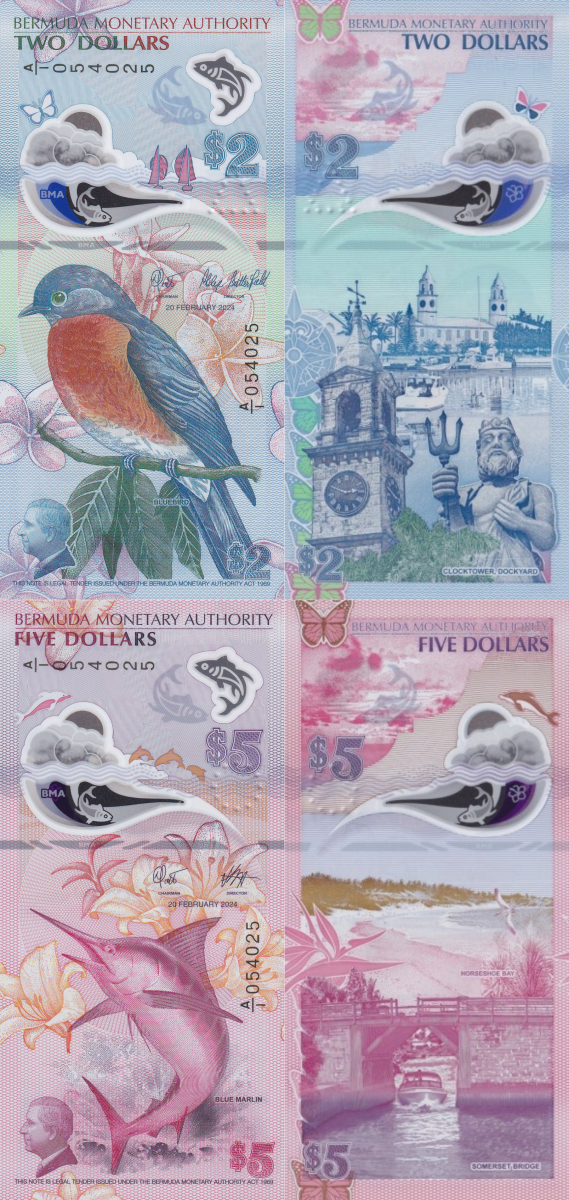 Bermuda 2 5 Dollars 2024 P New Polymer UNC Set 2 pcs A/1 Prefix Matching No.