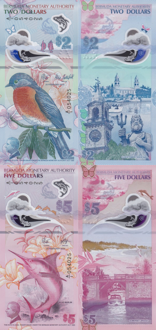 Bermuda 2 5 Dollars 2024 P New Polymer UNC Set 2 pcs A/1 Prefix Matching No.