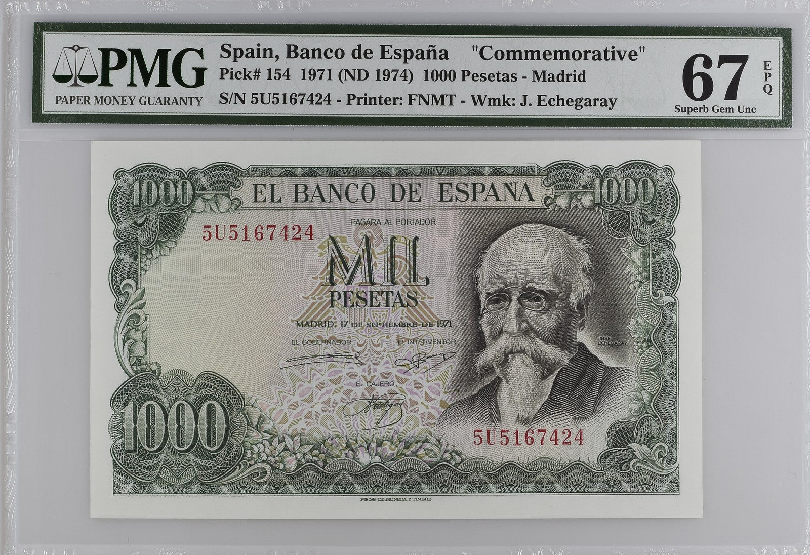 Spain COMM. 1000 Pesetas 1971 (ND 1974) P 154 UNC PMG 67 EPQ 2nd TOP POP