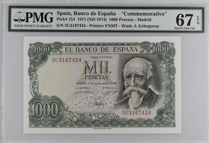 Spain COMM. 1000 Pesetas 1971 (ND 1974) P 154 UNC PMG 67 EPQ 2nd TOP POP